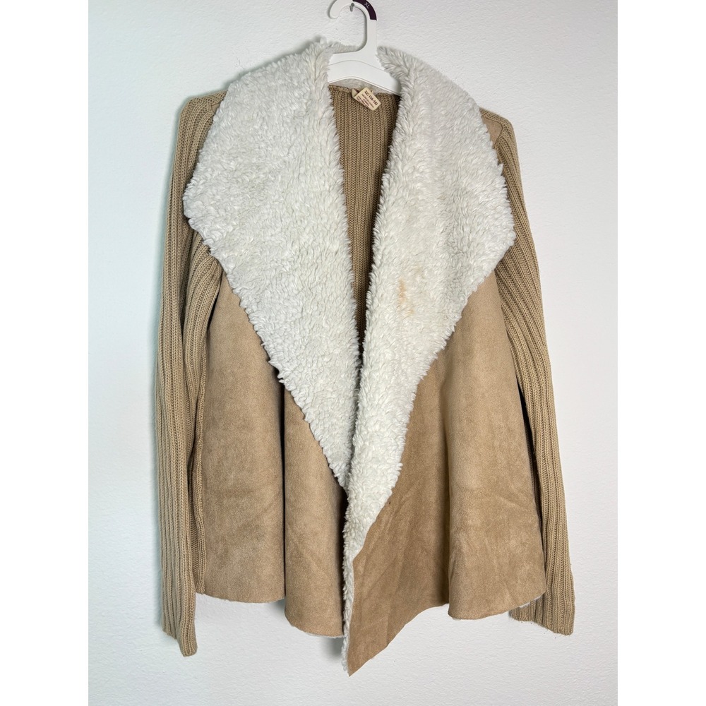 Faded Glory Tan Faux Suede Sherpa Trim Ribbed Knit Cardigan Sweater XL 16-18